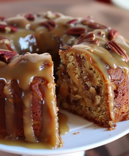 Apple Pecan Cake with Caramel Glaze